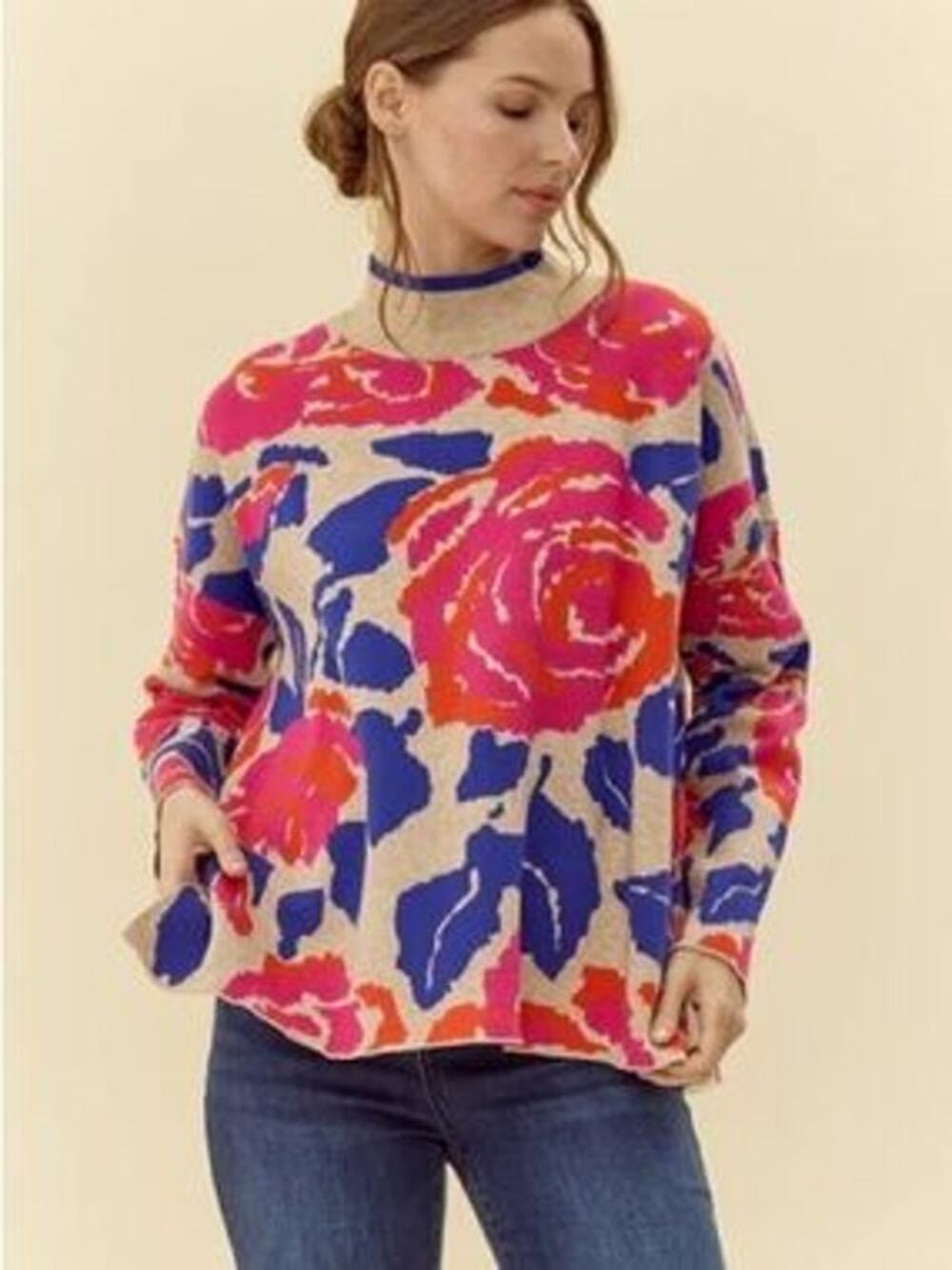 JODIFL Bloom Floral Mockneck Oversized Sweater Pink Blue H11445